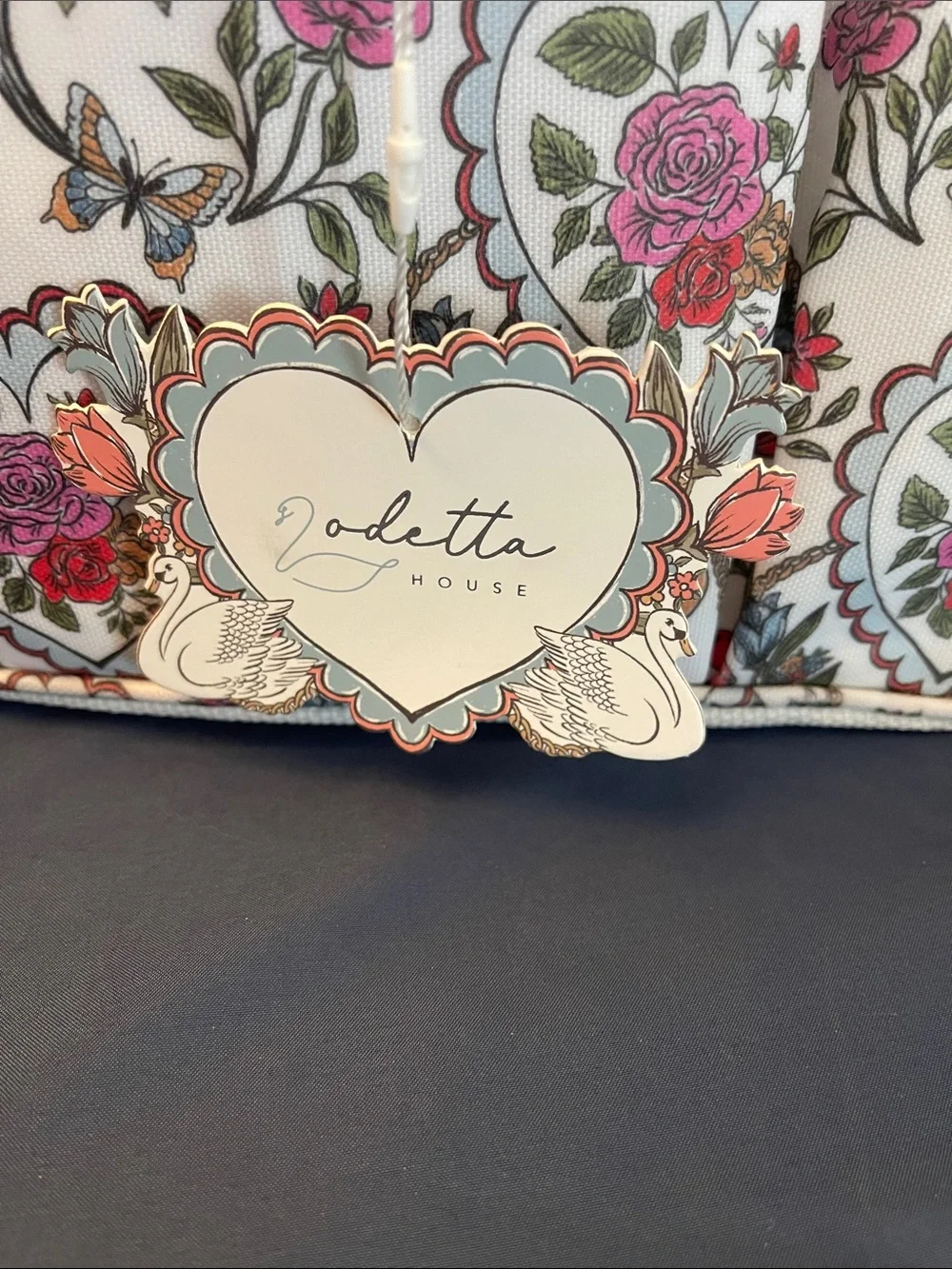 Floral Heart & Swans Shower Tote Bag in White with Pink and Red Accents